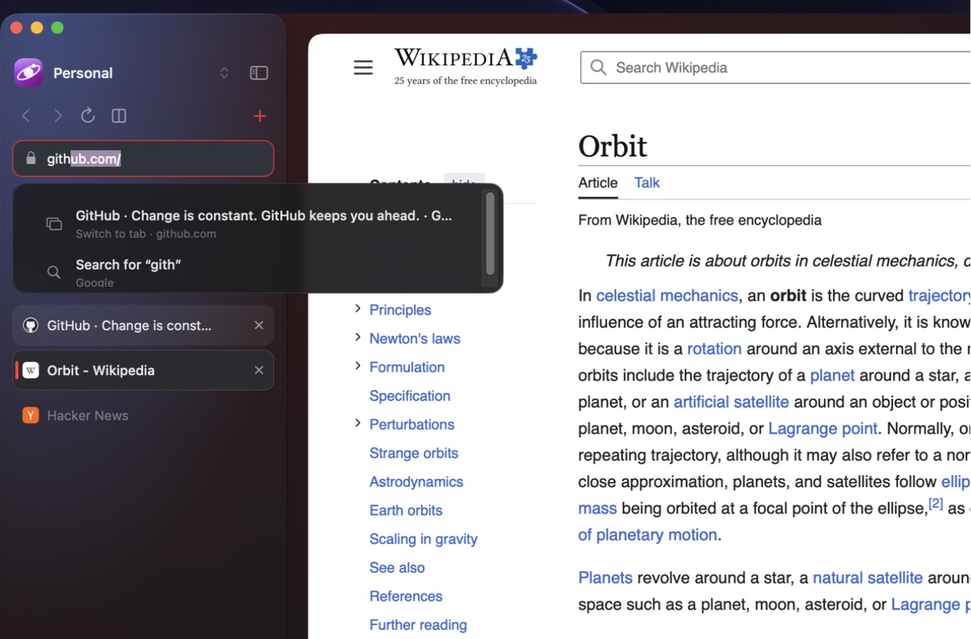 Typing ‘gith’ fills in ‘hub.com/’ inline with a suggestions list below