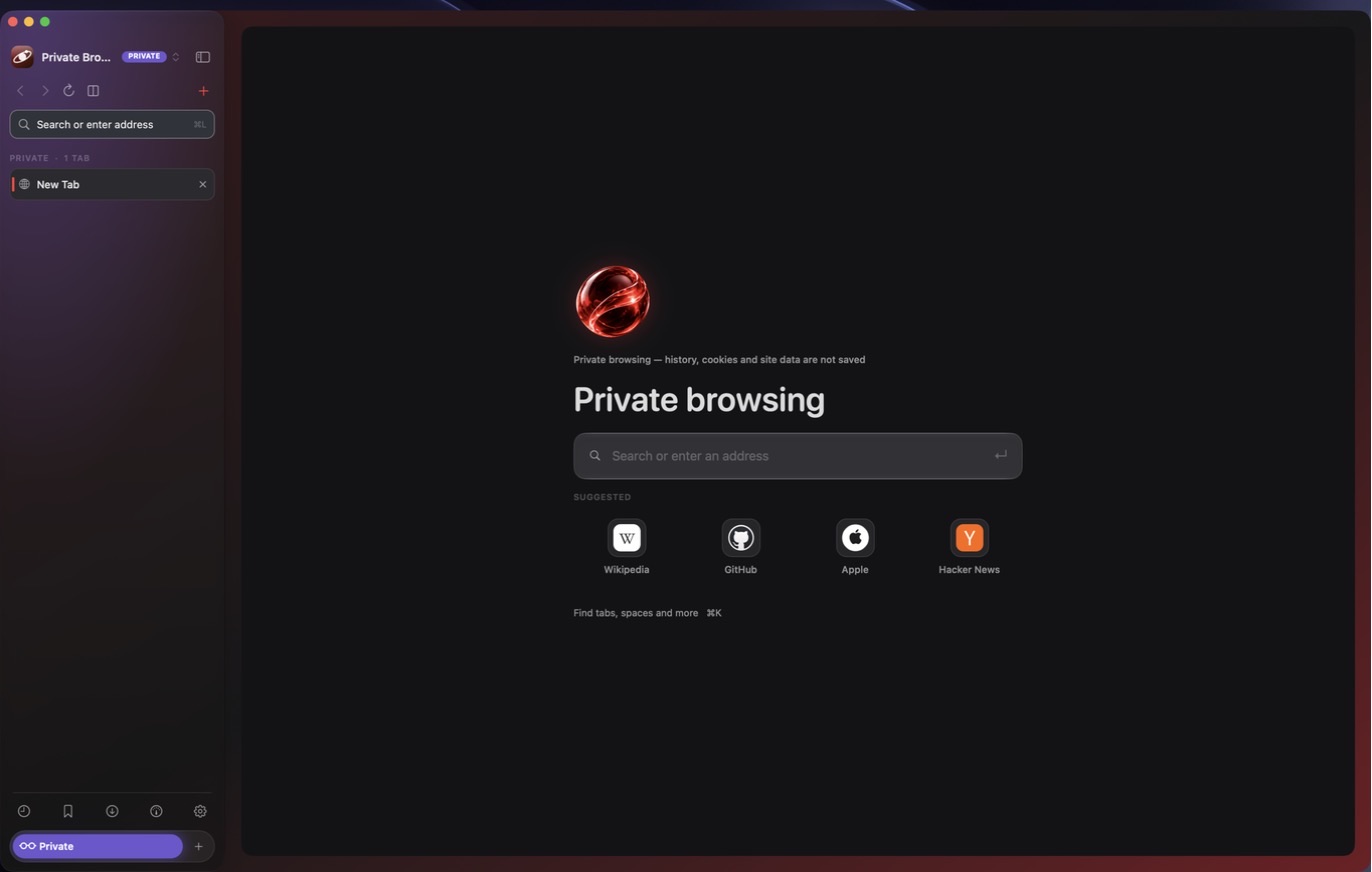 Private browsing with a PRIVATE badge, violet sidebar and a start page saying nothing is saved