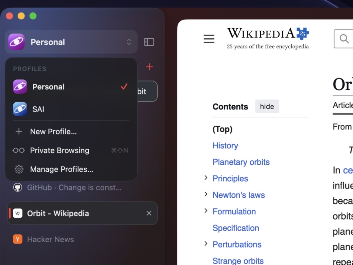 The profile menu listing profiles with orbit avatars, plus Private Browsing
