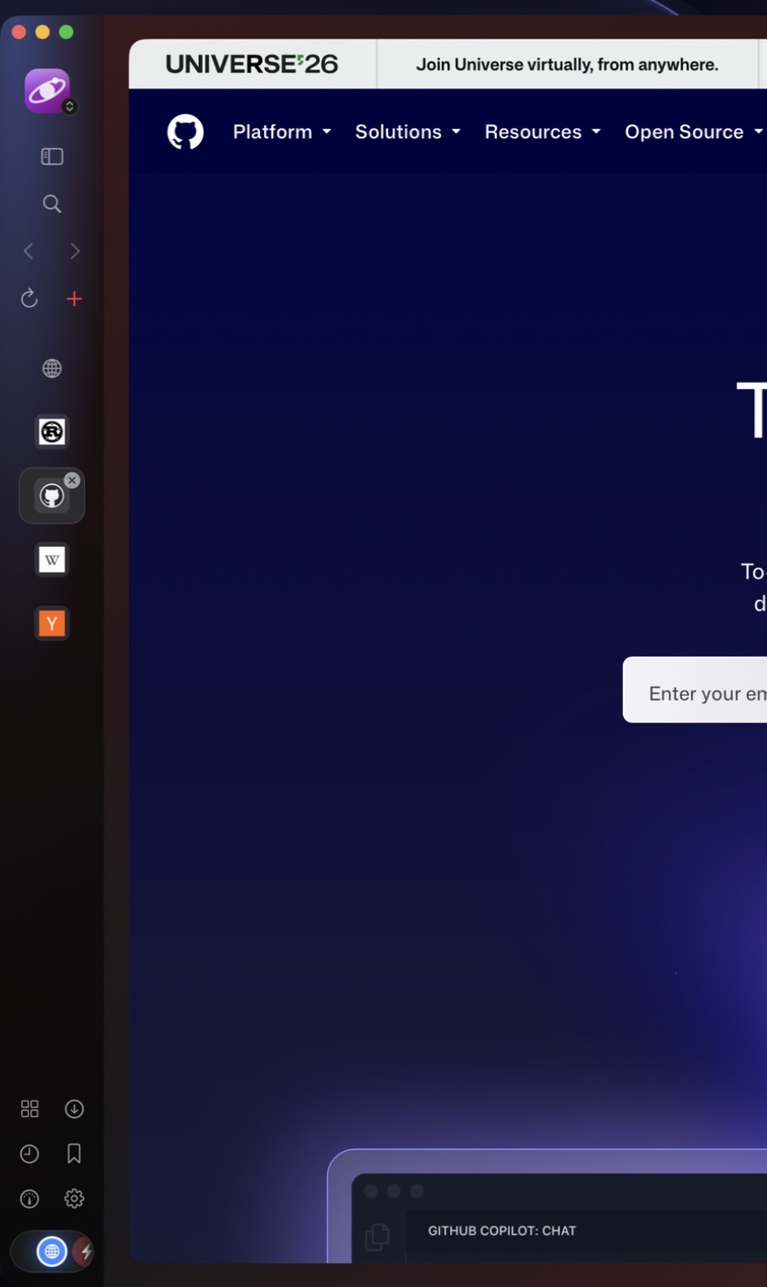 The collapsed rail with a profile avatar, favicon tiles, tool buttons and a centred space carousel