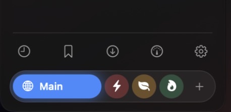 The space dock: an active Main pill with orbs for other spaces and a plus button