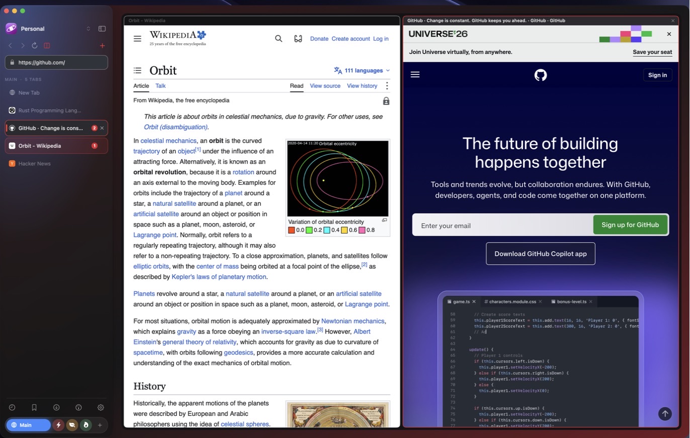 Wikipedia and GitHub side by side in split view with the active pane ringed and numbered chips on the sidebar tabs
