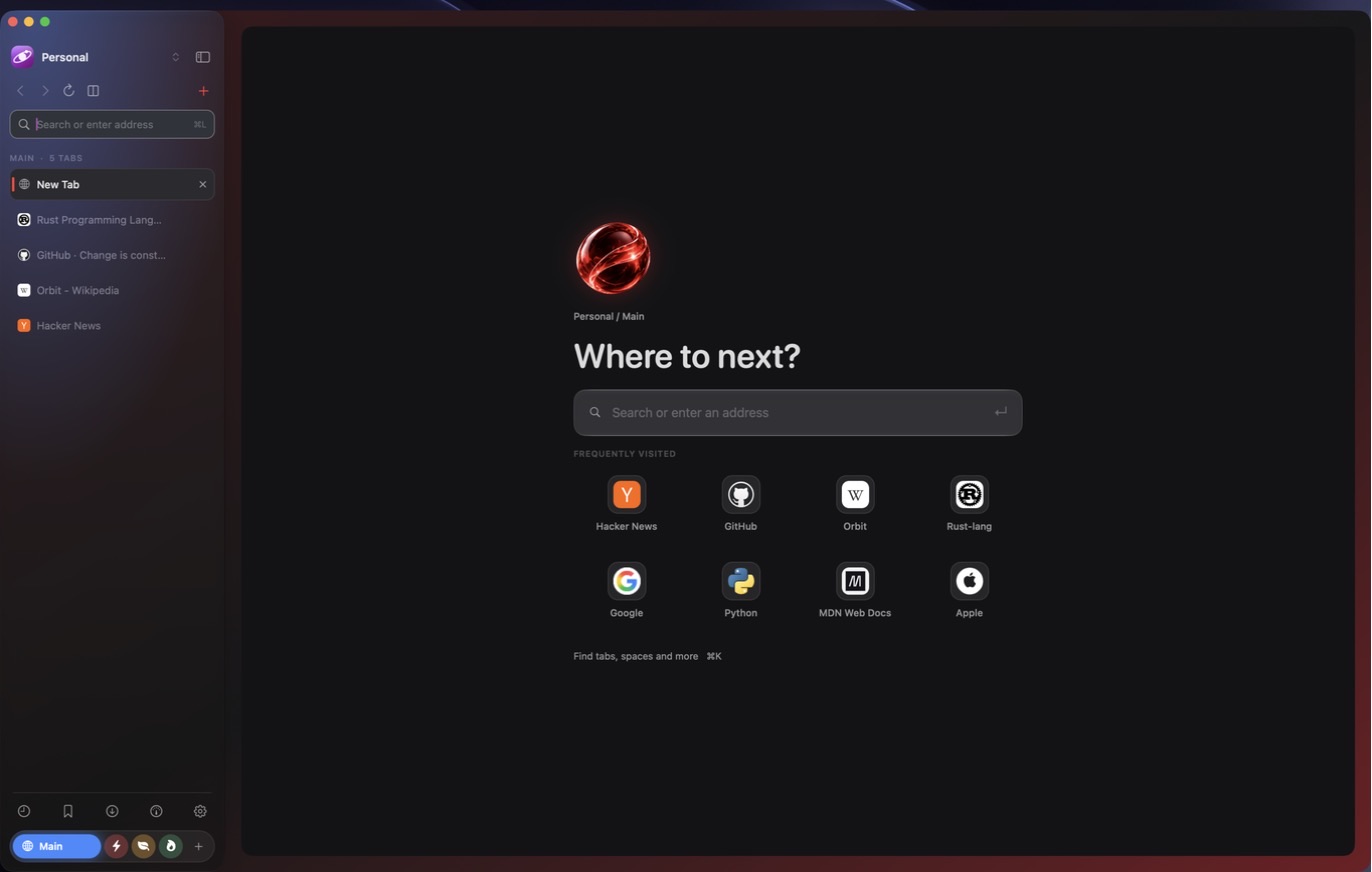 Aether’s start page with the glass sidebar, a grid of the sites you visit most with their real icons, and the space dock at the bottom